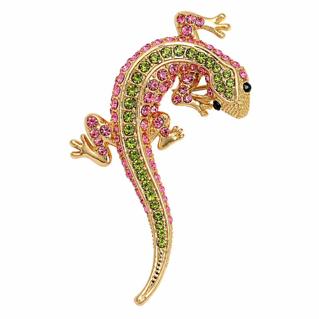 Sally gekko-broche med pink og lysegrønne rhinsten
