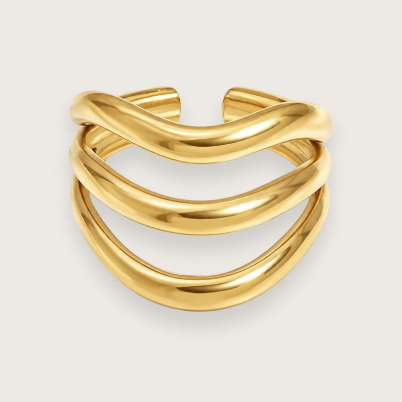 18k forgyldt ring med tre bånd

Skulpturel ring i guldbelagt rustfrit stål med tre bølgede bånd.&nbsp;

Freya er den perfekte ring til stacking, fordi det er den type ring, der får et sammensat look til at se gennemført ud.

Designet er enkelt og minimalistisk og matcher flot med andre forgyldte ringe, og designet med de tre bånd giver en fin fylde blandt andre guldringe.&nbsp;

Freya-ringen er justerbar, PVD-forgyldt og vandfast.