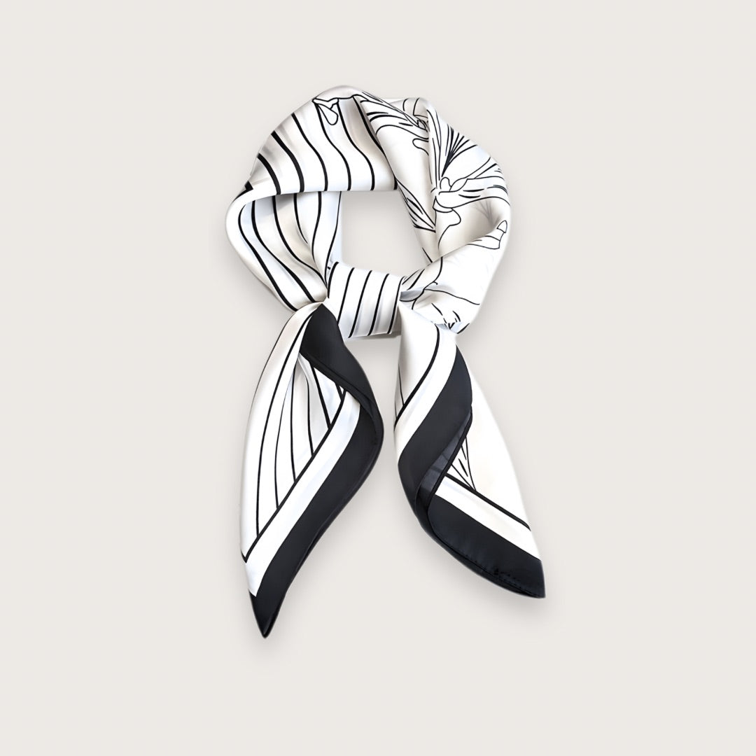 Arya silketørklæde klassisk kvadratisk tørklæde i blødt blankt satin sort og hvidt stribet blomstermønster - satintørklæder til kvinder - silketørklæde til gave