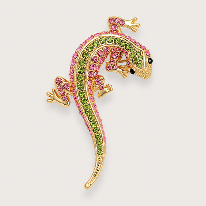 Sally gekko-broche med pink og lysegrønne rhinsten