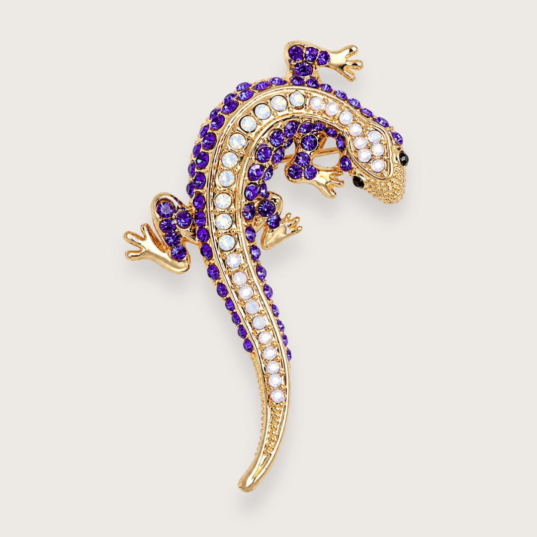 Sally gekko-broche med lilla rhinsten