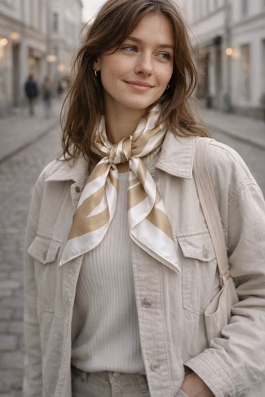 Maeve cremefarvet satintørklæde med sandfarvede zebrastriber