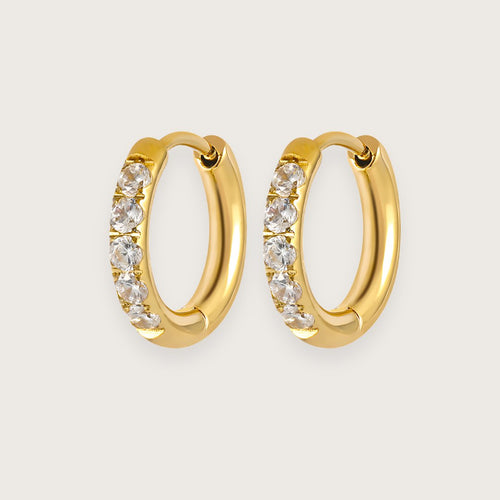 Små guldbelagte hoops med zirkoner.

De smukke Hallie-hoops er et must-have i enhver smykkesamling.

De små zirkoner giver øreringene et eksklusivt udtryk, og det klassiske design passer til alle lejligheder.&nbsp;

Hallie-øreringene har en diameter på 1 cm, og deres diskrete størrelse gør dem perfekte til hverdag og mix 'n match med andre guldøreringe.

Hallie-øreringene er fremstillet i 18k forgyldt stål med PVD-belægning, der gør dem vandfaste og slidstærke.