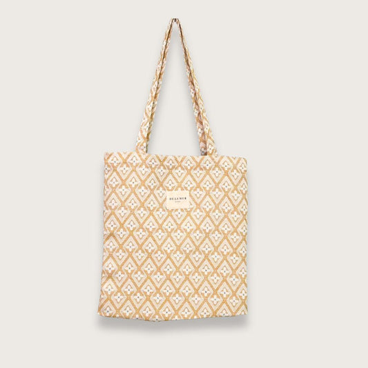 Lille tote bag i tykt stof med gult og hvidt mønster fra de la mur - lille tote bag til kvinder til gymnasie hverdag indkøb