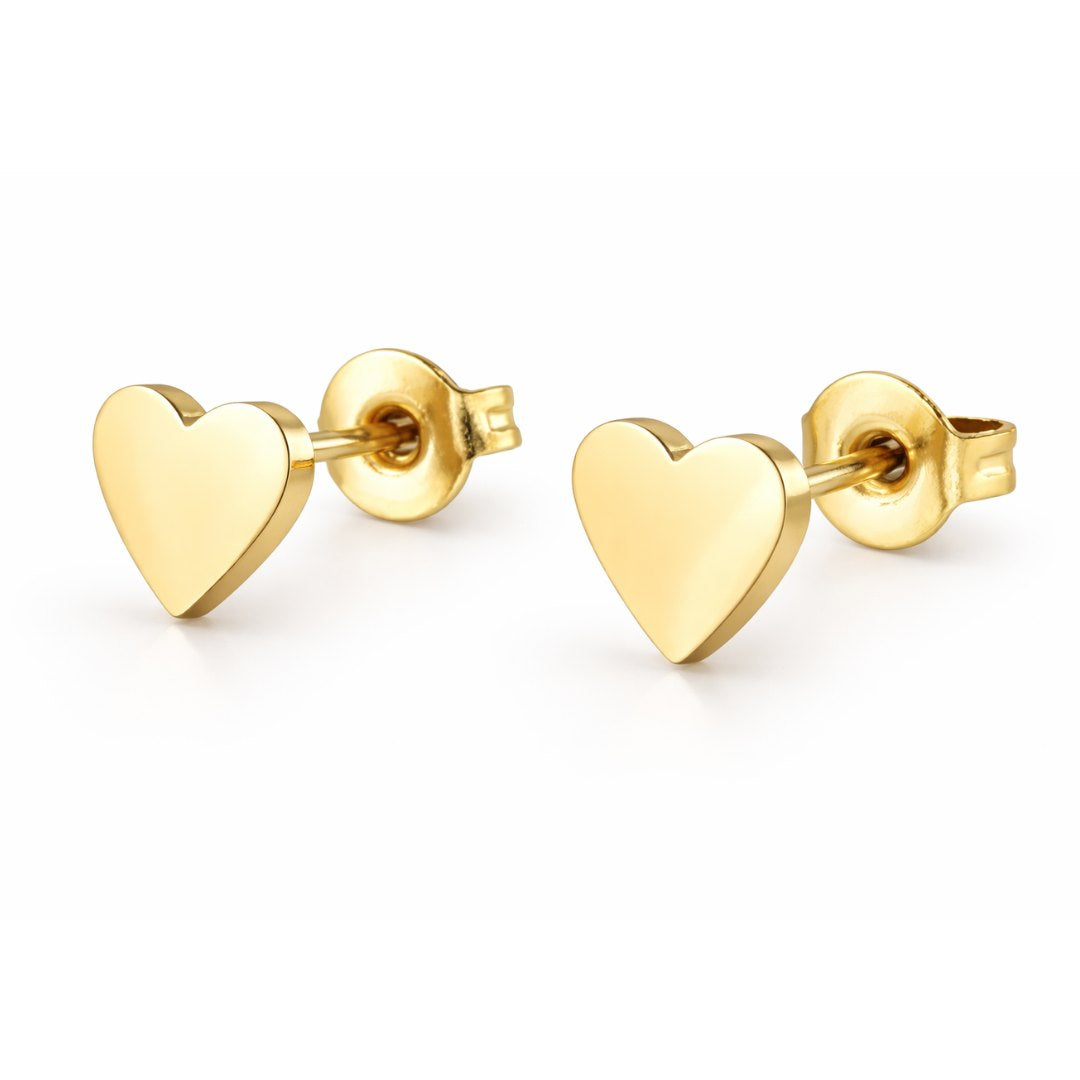 små hjerteøreringe - hjerteørestikkere studs med et enkelt hjertemotiv.

Det lille hjerte giver øreringene et symbolsk udtryk i minimalistisk design. Et par små øreringe, der fungerer både til hverdag, konfirmationer og som gave til mors dag

Smykker til konfirmation, studenterfest, bryllup, hverdag.

Ørestikkerne er fremstillet i rustfrit stål med 18k PVD-forgyldning. vandfaste øreringe.

konfirmationsøreringe, konfirmation ørestikkere mors dags gave